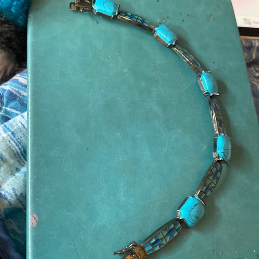 Vintage turquoise line bracelet, inlay colors of turquoise in between